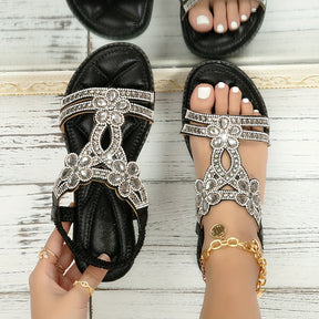 Beaded Flower T-Strap Flat Sandals