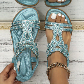 Beaded Flower T-Strap Flat Sandals