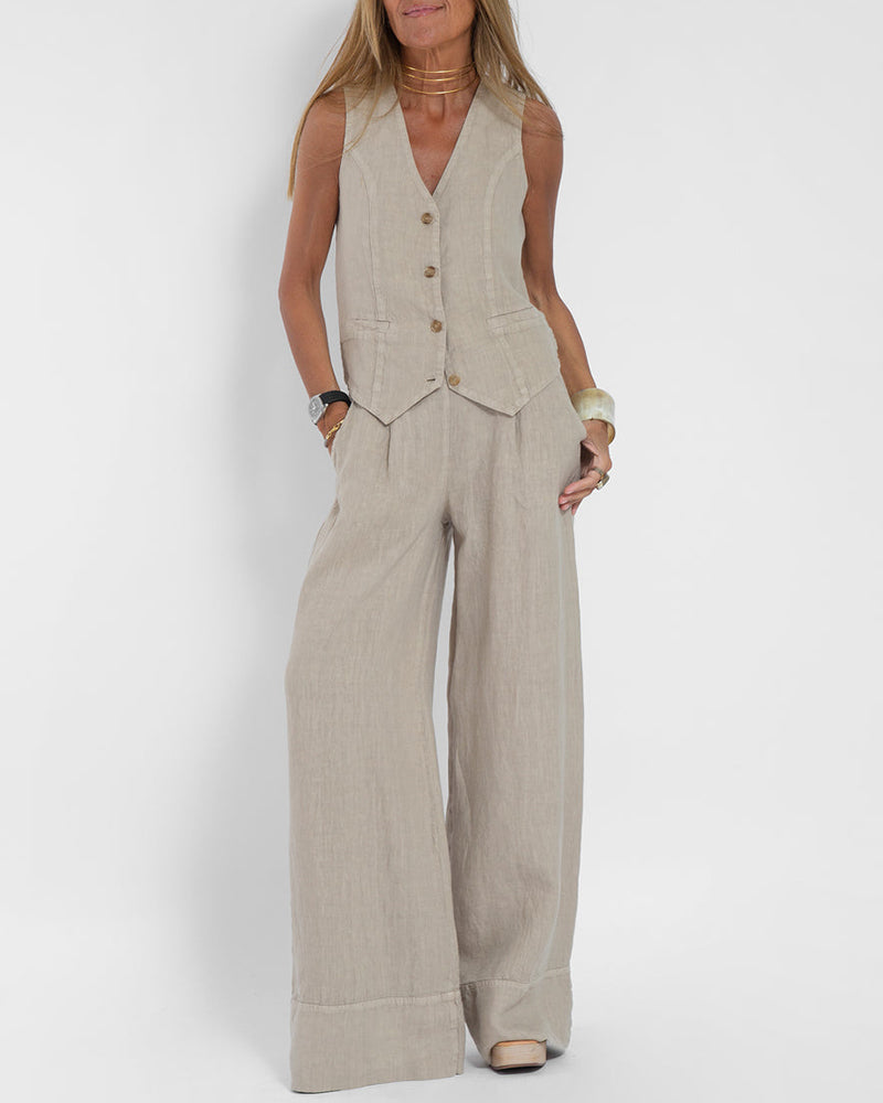 Elegant Linen Wide Pants and Vest Set