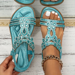 Beaded Flower T-Strap Flat Sandals