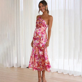 Elegant One-Shoulder Floral Dress