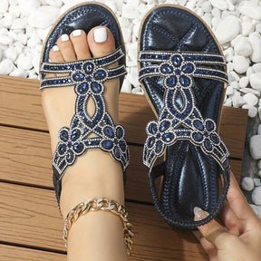 Beaded Flower T-Strap Flat Sandals