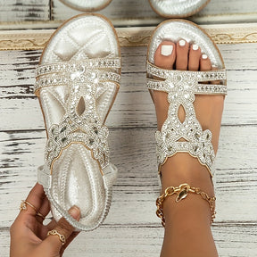 Beaded Flower T-Strap Flat Sandals